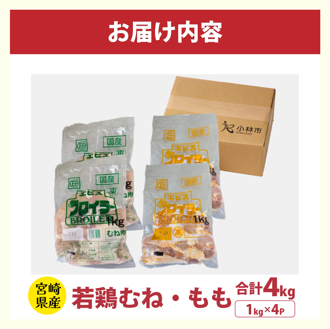 【業務用】宮崎県産若鶏もも・むねセット 計4kg（国産 鶏肉 鶏 お肉 若鶏 鶏モモ 鶏ムネ モモ ムネ 切り身）