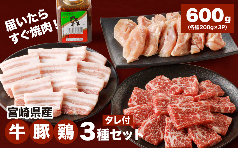 宮崎県産焼肉３種セット【タレ付き】（牛・豚・鶏） 計６００ｇ  カット済み  K16_0079_1