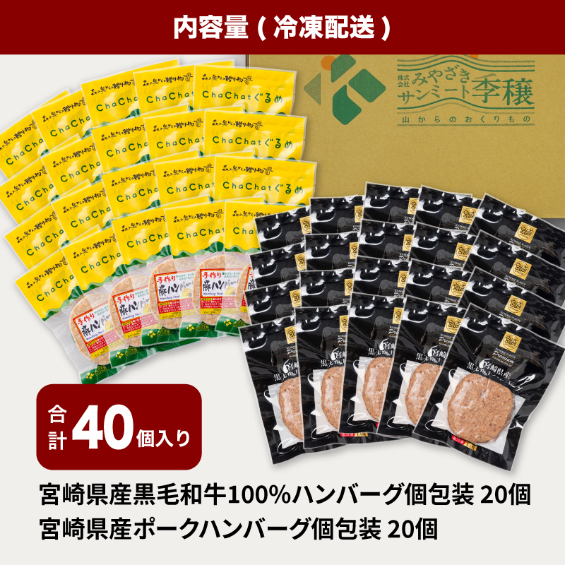 宮崎県産黒毛和牛100%ハンバーグ個包装(20個/冷凍)・ 宮崎県産ポークハンバーグ個包装(20個/冷凍)　 K16_0158