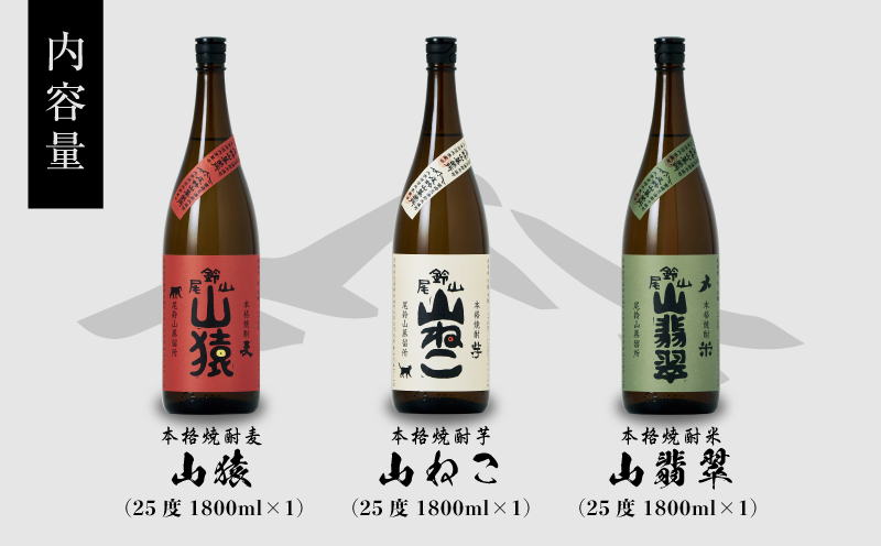 焼酎尾鈴山一升瓶（山猿1本・山翡翠1本・山ねこ1本） K09_0008_1