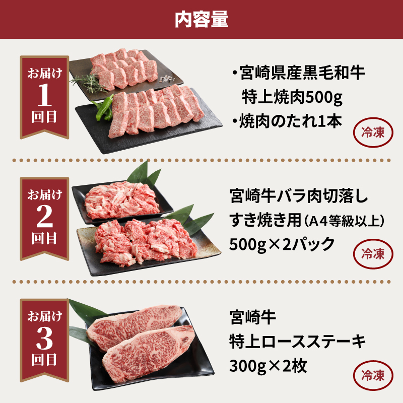 宮崎県産黒毛和牛食べ比べ定期便【3か月定期便】K16_T006_1