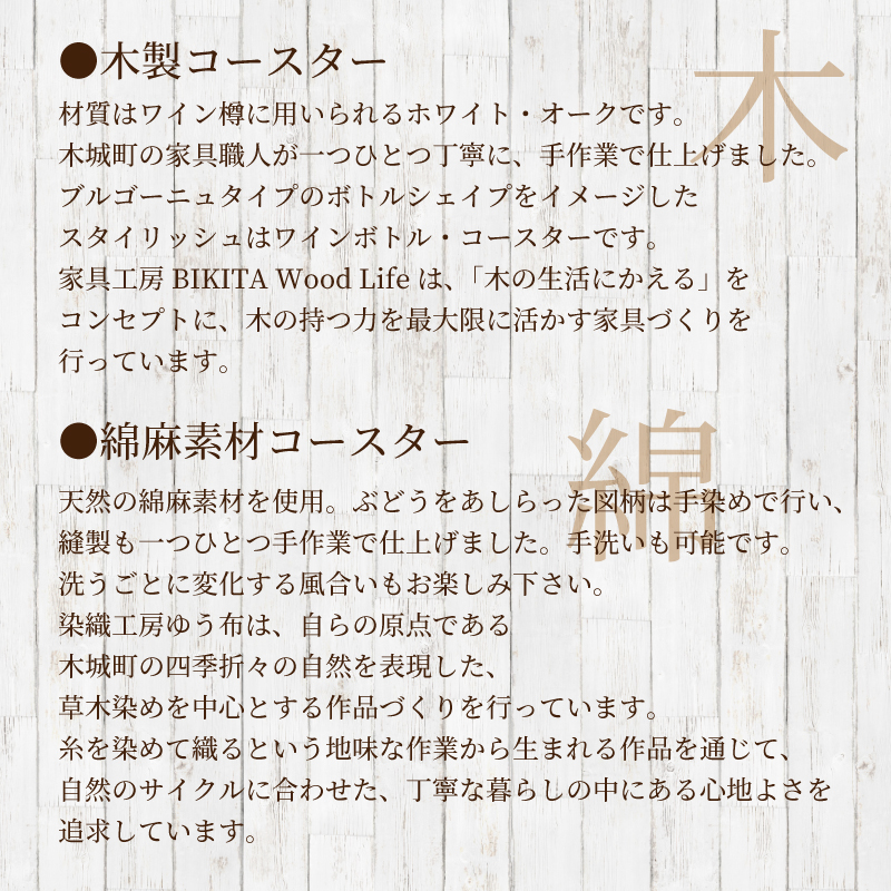 ＜ワインボトル・コースター2枚セット(木製、手染め綿麻素材 白各1枚)＞ K15_0002_1