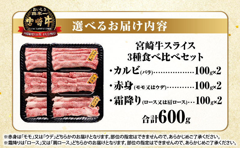 宮崎牛『スライス』3種食べ比べセット(合計600g)肉 牛 牛肉 おかず 国産_T009-038