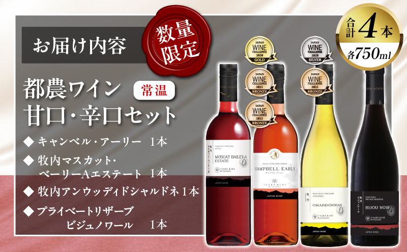 ＼年内発送!!／≪数量限定≫都農ワイン甘口・辛口セット(合計4本) 酒 飲料 アルコール 国産_T014-004-N