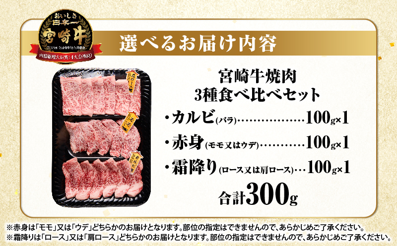 宮崎牛『焼肉』3種食べ比べセット(合計300g)肉 牛 牛肉 おかず 国産_T009-035