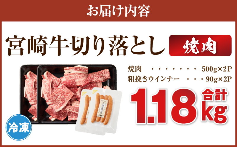 《訳あり》宮崎牛切り落とし(焼肉用)&粗挽きウインナー(合計1.18kg) 肉 牛 牛肉 国産_T030-226