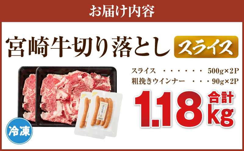 《訳あり》宮崎牛切り落とし(スライス)&粗挽きウインナー(合計1.18kg) 肉 牛 牛肉 国産_T030-224