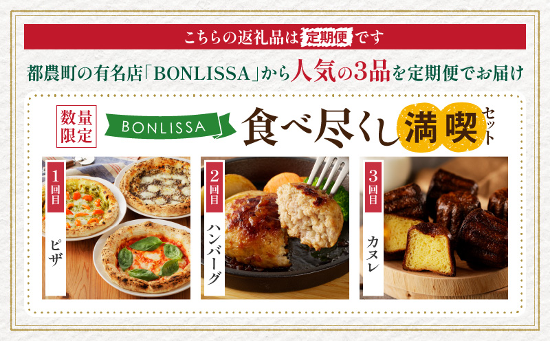 ≪3か月お楽しみ定期便≫BONLISSA食べ尽くし満喫セット(総重量2.2kg以上) ピザ ハンバーグ カヌレ 加工品 国産_T001-0161