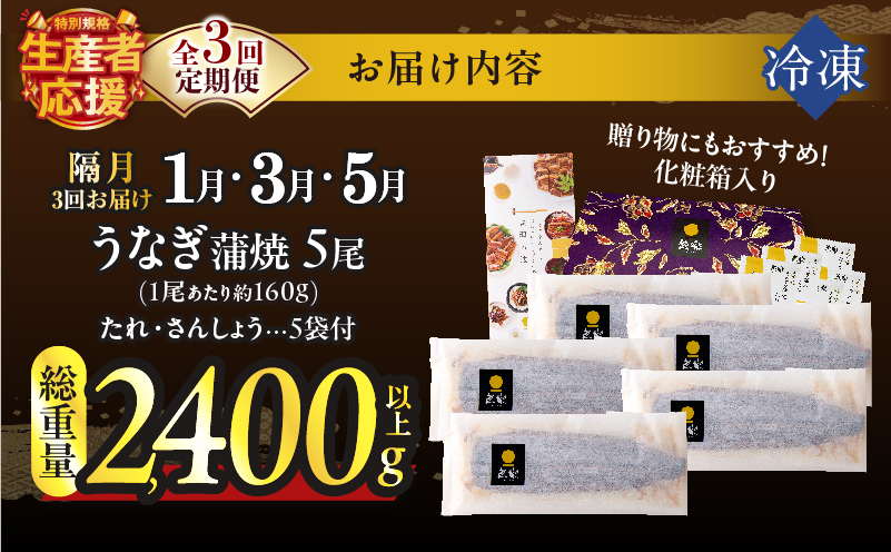 先行予約≪隔月定期便全3回≫1月・3月・5月お届け!!うなぎ蒲焼5尾(総重量2400g以上) 鰻 魚 魚介 加工品 国産_T026-0058