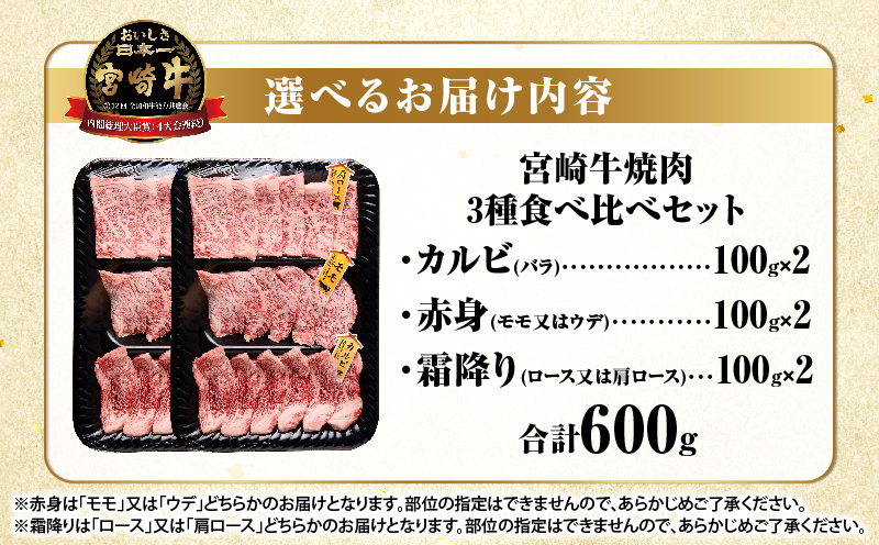 宮崎牛『焼肉』3種食べ比べセット(合計600g)肉 牛 牛肉 おかず 国産_T009-036