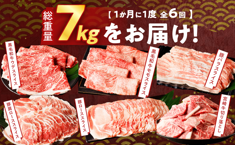 ≪6か月お楽しみ定期便≫宮崎県産牛＆豚の満腹セット(総重量7kg) 肉 牛 牛肉 豚肉 おかず 国産_T030-1863