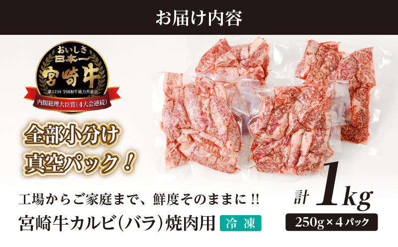 全部小分け真空パック!!「宮崎牛カルビ(バラ)焼肉用」計1kg 肉 牛 牛肉 おかず 国産_T041-0072