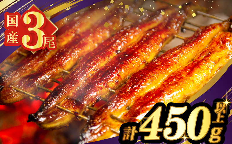 うなぎ蒲焼3尾(さんしょう・たれ付き)計450g以上 鰻 魚 魚介 加工品 国産_T026-014
