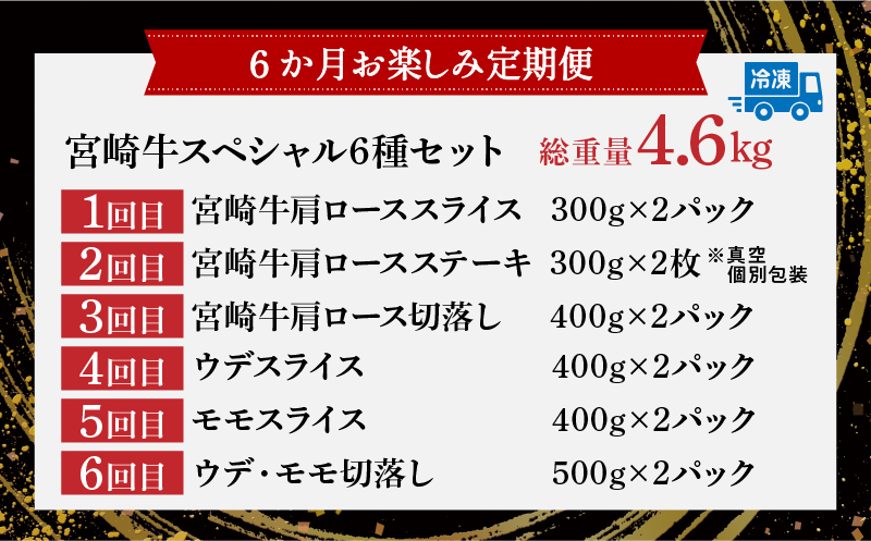 6か月お楽しみ定期便『宮崎牛スペシャル6種セット』総重量4.6kg 肉 牛 牛肉 焼肉 国産_T009-0022
