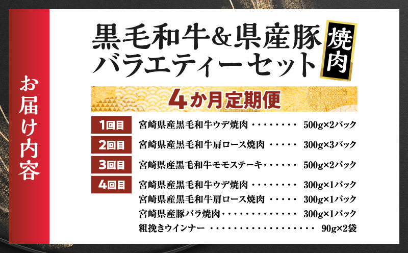 ≪4か月定期便≫黒毛和牛＆県産豚バラエティーセット(焼肉)総重量3.9kg以上 肉 牛 牛肉 国産_T030-1793