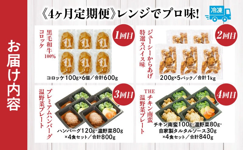 【4か月定期便】レンジでプロ味！定期便 高千穂牛 黒毛和牛 コロッケ からあげ 温野菜 ハンバーグ プレート チキン南蛮 レンジ 電子レンジ プロの味 定期便 簡単調理 時短料理 一人暮らし 献立 本格料理 弁当 冷凍 _Tk005-t041