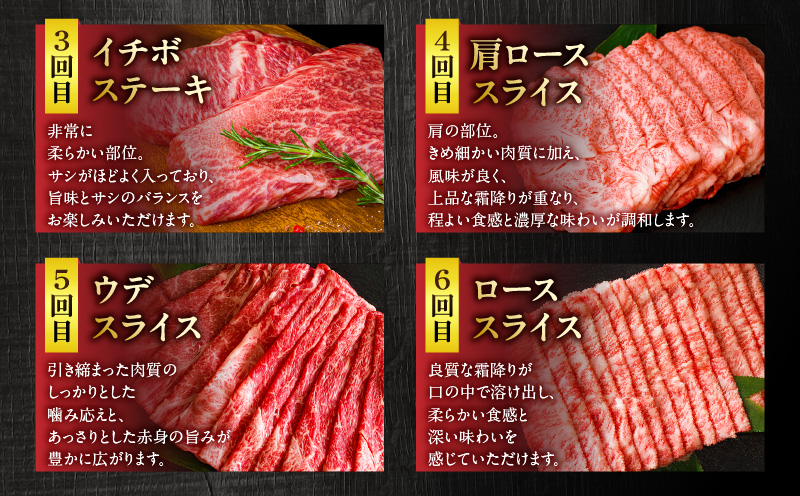 宮崎県産黒毛和牛A4等級以上 高千穂牛ステーキ・スライス定期便（6ヶ月定期便） 牛肉 肉 お肉 精肉 セット 詰め合わせ 定期 6回 ブランド牛 国産牛 黒毛和牛 和牛 サーロイン ステーキ モモ イチボ 肩ロース スライス ウデ すき焼き しゃぶしゃぶ ロース 贈答 贈り物 BBQ グランピング パーティー クリスマス プレゼント 宮崎県 高千穂 _Tk002-t082