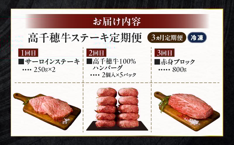 【3か月定期便】 高千穂牛ステーキ定期便 ふるさと納税 牛肉 肉 お肉 サーロイン ステーキ 赤身 定期便 定期 国産牛 ブランド牛 和牛 ハンバーグ 国産 贈答 贈り物 簡単調理 おかず 普段使い 宮崎県 高千穂 _Tk002-t083