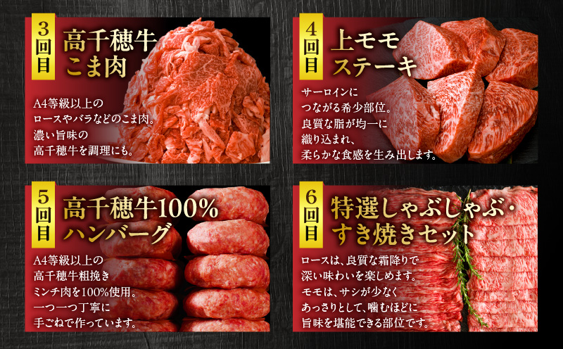 宮崎県産黒毛和牛A4等級以上 高千穂牛フルコース（6ヶ月定期便） 宮崎県産 黒毛和牛 A4等級以上 高千穂牛 フルコース (6ヶ月定期便) 牛肉 肉 お肉 精肉 定期便 サーロイン 焼肉 ロース カルビ こま肉 モモ ハンバーグ しゃぶしゃぶ すき焼き すきしゃぶ 薄切り スライス 国産 セット 詰め合わせ 高千穂町 _Tk002-t054