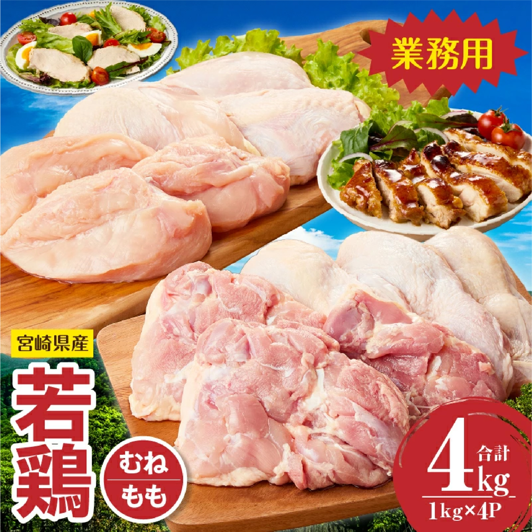 【業務用】宮崎県産若鶏もも・むねセット 計4kg（国産 鶏肉 鶏 お肉 若鶏 鶏モモ 鶏ムネ モモ ムネ 切り身）