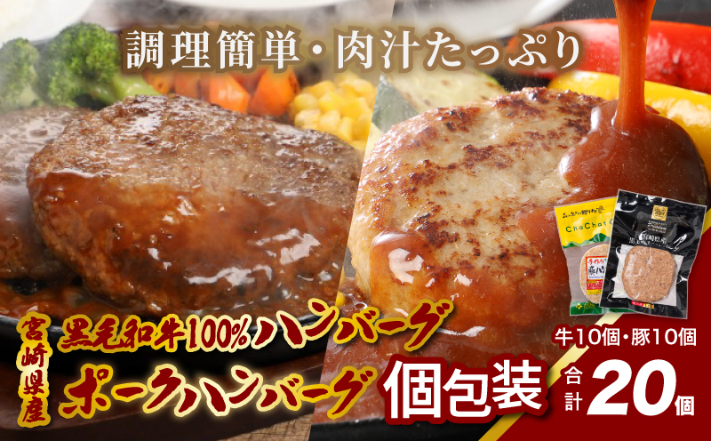 宮崎県産黒毛和牛100%ハンバーグ個包装(10個/冷凍)・ 宮崎県産ポークハンバーグ個包装(10個/冷凍)　 K16_0157