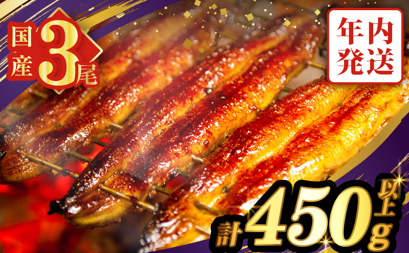 【年内発送】うなぎ蒲焼3尾(さんしょう・たれ付き)計450g以上 鰻 魚 魚介 加工品 国産_T026-014-12