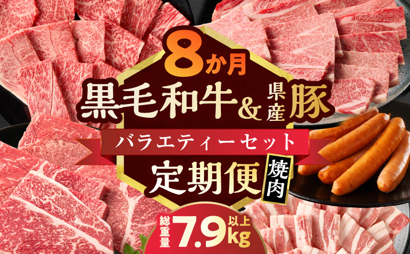 ≪8か月定期便≫黒毛和牛＆県産豚バラエティーセット(焼肉)総重量7.9kg以上 肉 牛 牛肉 国産_T030-1803