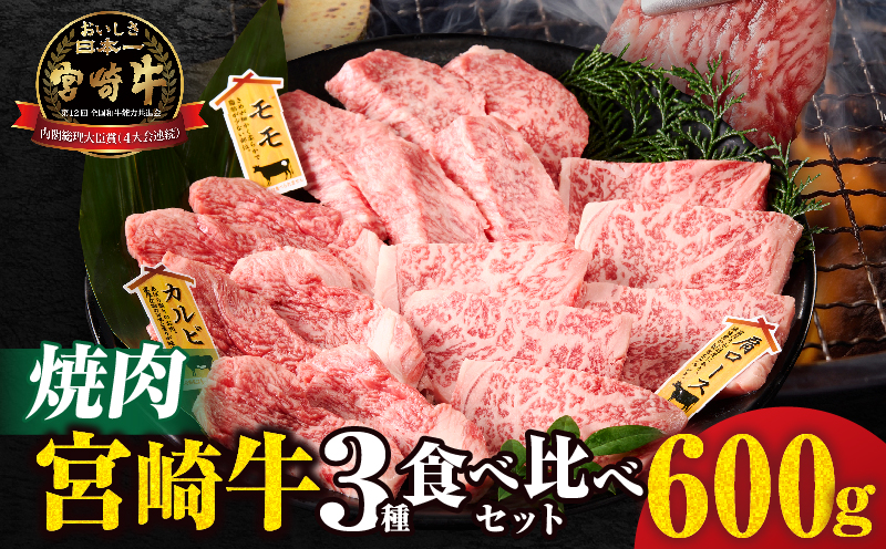 宮崎牛『焼肉』3種食べ比べセット(合計600g)肉 牛 牛肉 おかず 国産_T009-036
