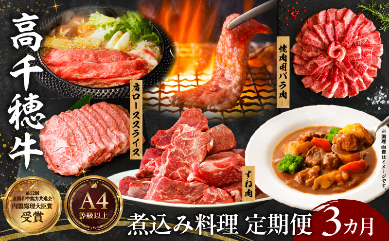 【3か月定期便】高千穂牛煮込み料理3か月定期便 ふるさと納税 高千穂牛 牛肉 肉 お肉 定期便 定期 国産牛 ブランド牛 和牛 すね肉 ロース スライス 煮込み カレー ビーフシチュー 国産 贈答 贈り物 普段使い 宮崎県 高千穂 _Tk002-t086