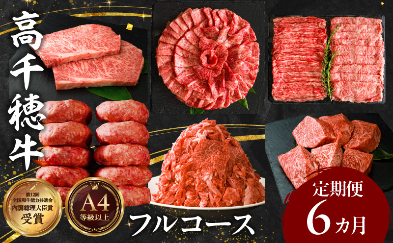 宮崎県産黒毛和牛A4等級以上 高千穂牛フルコース（6ヶ月定期便） 宮崎県産 黒毛和牛 A4等級以上 高千穂牛 フルコース (6ヶ月定期便) 牛肉 肉 お肉 精肉 定期便 サーロイン 焼肉 ロース カルビ こま肉 モモ ハンバーグ しゃぶしゃぶ すき焼き すきしゃぶ 薄切り スライス 国産 セット 詰め合わせ 高千穂町 _Tk002-t054